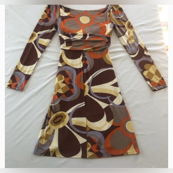 Charles Nolan Dress, Browns & Oranges, Wrap, Ruckering Side, Long Sleeved, Sz 4 - Picture 8 of 16
